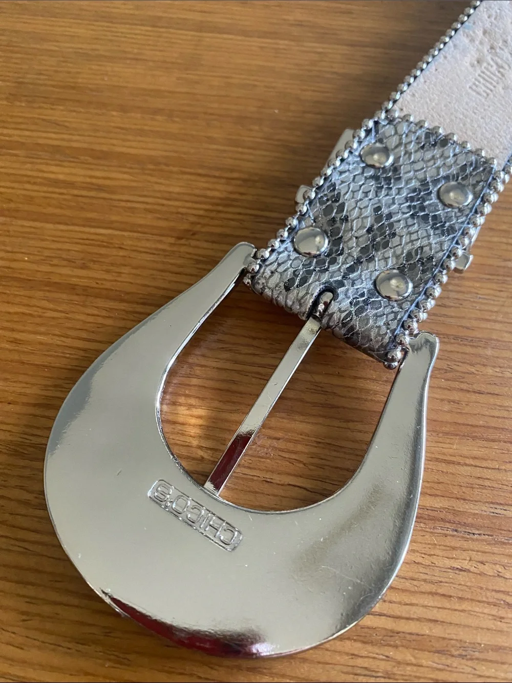 Vintage Chicos Rhinestone & Stud Metallic Snake Skin Western Belt Silver M